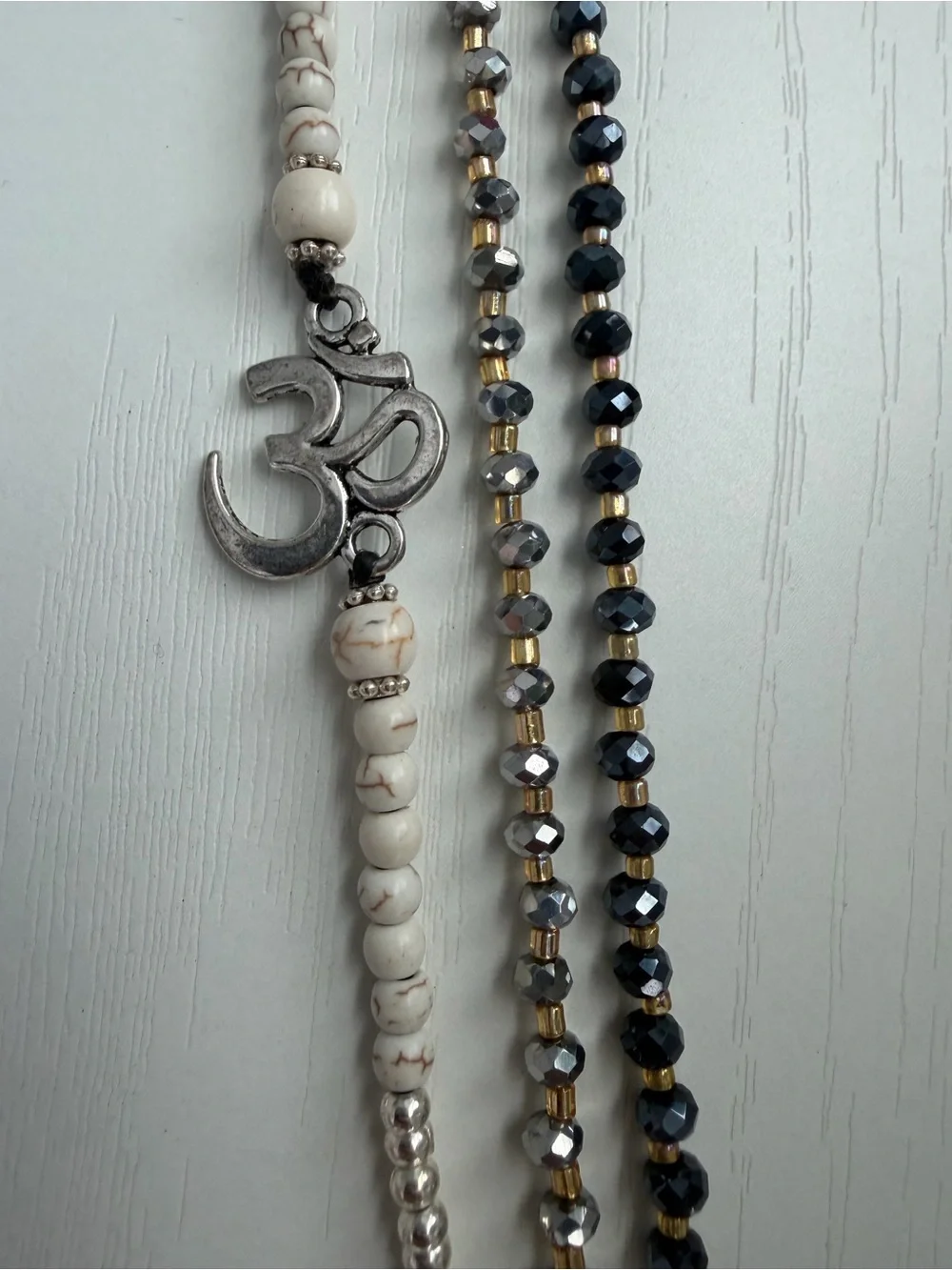 White Howlite and Hematite Anklets with OM Charm set of 3